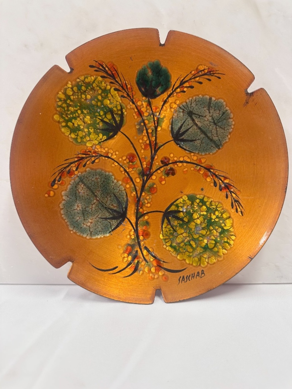 MCM 1960's signed SASCHA BRASTOFF Enameled Copper Floral Decoration 10"